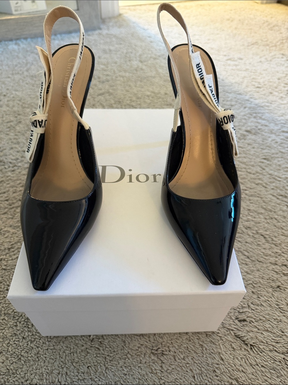 Dior Black Patent Slingback Pumps with Ivory Logo Ribbon Accent